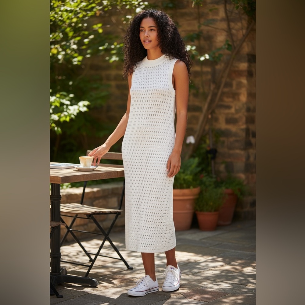 Kate Spade White Open Knit Crochet Sleeve Midi Dress M